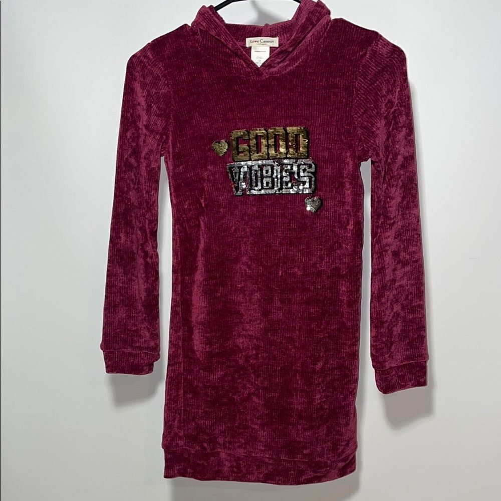 Burgundy Hoodie Dress with Sequin 'Good Vibes'